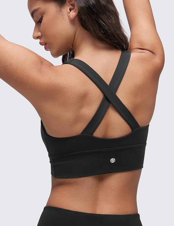 CRZ YOGA Butterluxe Ruched Longline Sports Bras for Women - V Neck Padded Yoga Tank Wide Straps Cross Back Crop Tops