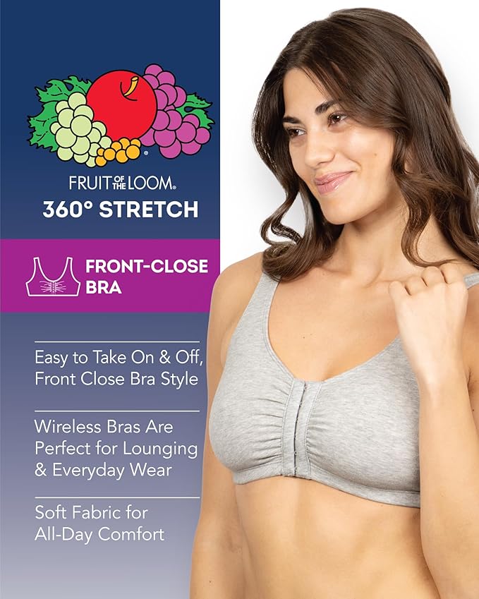Fruit of the Loom Women's 96014PK Comfort Cotton Blend Front Close Sports Bra 2 Pack