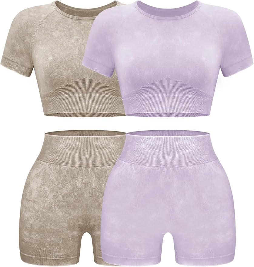 OLCHEE Womens Workout Sets 2 Piece - Seamless Acid Wash Yoga Outfits Shorts and Crop Top Matching Gym Athletic Clothing Set