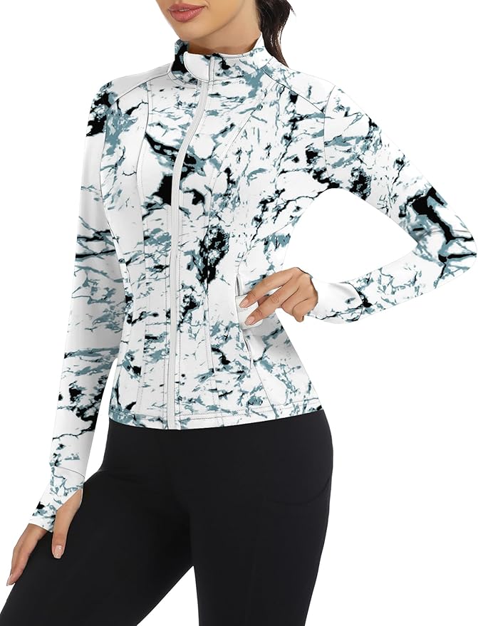 Loovoo Women's Workout Jacket Lightweight Zip Up Athletic Jackets Cropped Slim Fit Running Yoga Tops with Pockets