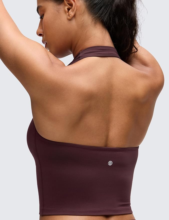 CRZ YOGA Butterluxe Halter Crop Tank Tops for Women - Open Back Padded Longline Sports Bras Workout Gym