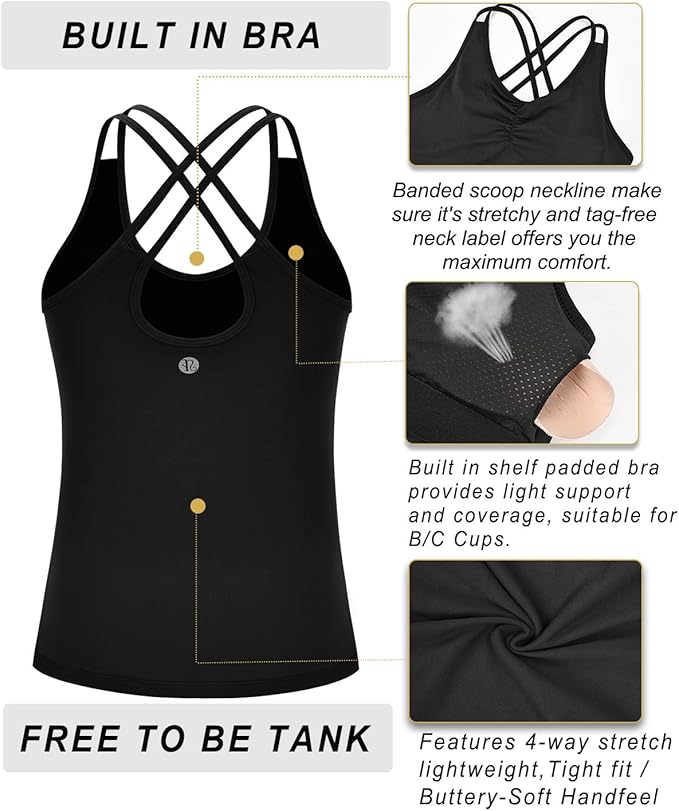 RUNNING GIRL Yoga Tank Tops for Women Built in Shelf Bra B/C Cups Strappy Back Activewear Workout Compression Tops