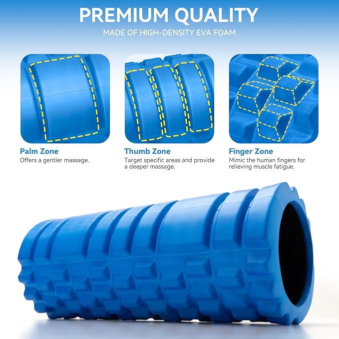 Krightlink Foam Roller for Deep Tissue Massage, 13" High Density Exercise Roller for Muscle Massage and Myofascial Trigger Point Release, Back Roller for Fitness, Yoga and Pilates (Blue)