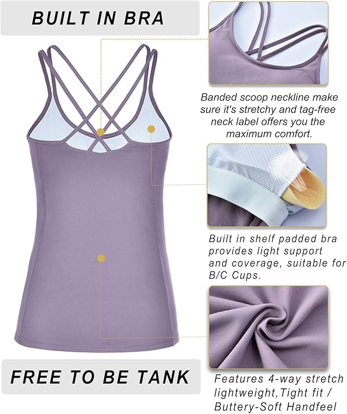 RUNNING GIRL Yoga Tank Tops for Women Built in Shelf Bra B/C Cups Strappy Back Activewear Workout Compression Tops