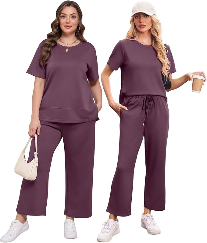 XIEERDUO Women's Side Slit Lounge Sets 2026 Fashion 2 Piece Travel Outfits Cozy Loungewear Wide Leg Tracksuits S-3XL