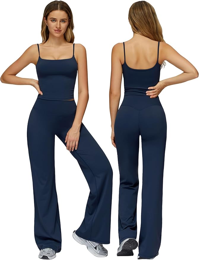 QBGJTD Womens Workout Sets Two Piece Spaghetti Straps Crop Top Matching Straight Leg Pants Gym Work Pilates Outfits