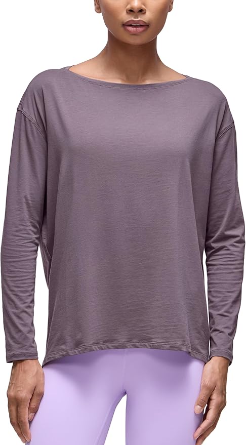 CRZ YOGA Pima Cotton Boat Neck Long Sleeve Shirts for Women - Workout Athletic Yoga Casual Tops Loose Fit Fall T-Shirts