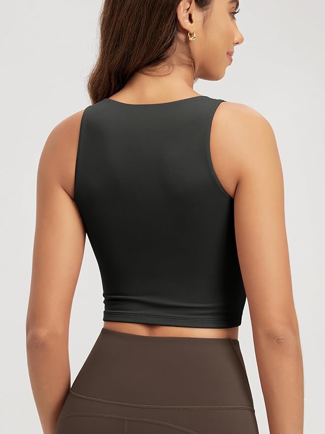 ODODOS Double Layer High Neck Crop Tank for Women Cloud Feeling Sleeveless Casual Yoga Cropped Tops