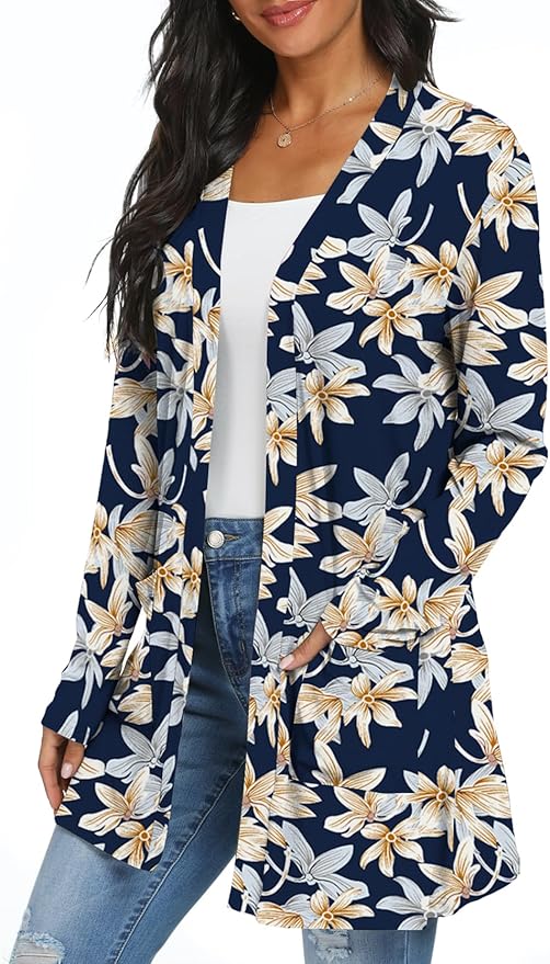 Womens Casual Lightweight with Pocketes Long Sleeve Open Front Cardigan