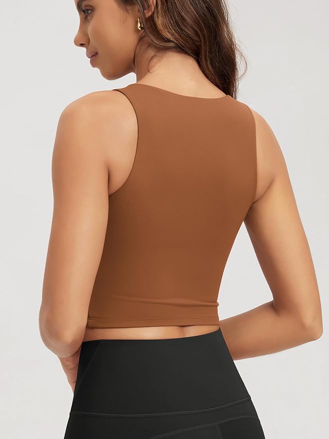 ODODOS Double Layer High Neck Crop Tank for Women Cloud Feeling Sleeveless Casual Yoga Cropped Tops