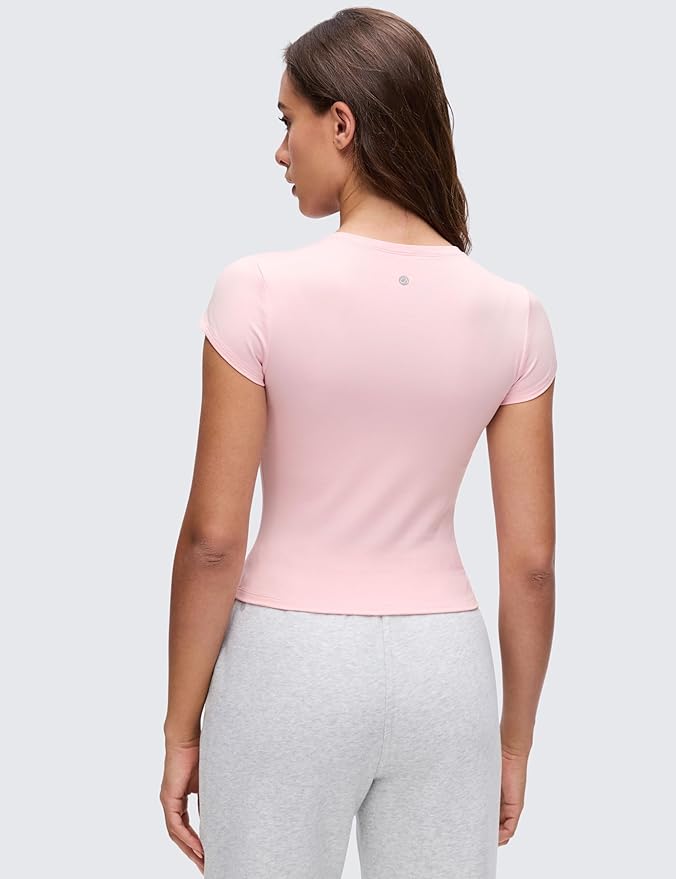 CRZ YOGA Cloud Jersey Crewneck Baby Tee for Women - Casual Workout Basic Short Sleeve Shirts Summer Daily Soft Stretchy Tops