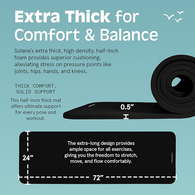 Retrospec Solana Yoga Mat Thick 1/2in Non-Slip Workout Mat with Nylon Strap - 72x24in Exercise Mat for Pilates, Stretching & Fitness - BPA Free, Easy Clean