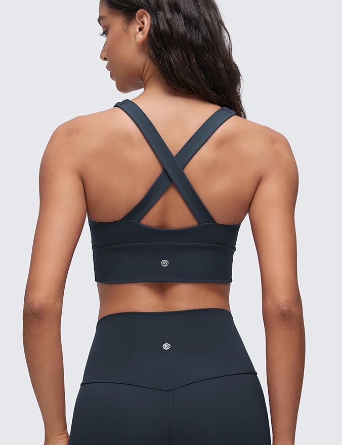 CRZ YOGA Butterluxe Ruched Longline Sports Bras for Women - V Neck Padded Yoga Tank Wide Straps Cross Back Crop Tops