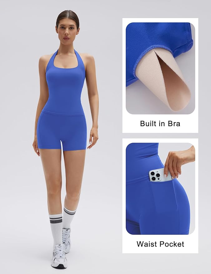 SUUKSESS Women 2 Piece Workout Sets Halter Neck Padded Yoga Tank Tops High Waisted Biker Shorts with Pockets