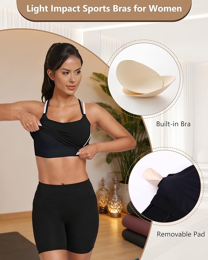 QUOJIZY Longline Sports Bras for Women Spaghetti Straps Tank Top with Built-in Bra Strappy Sports Bra for Yoga