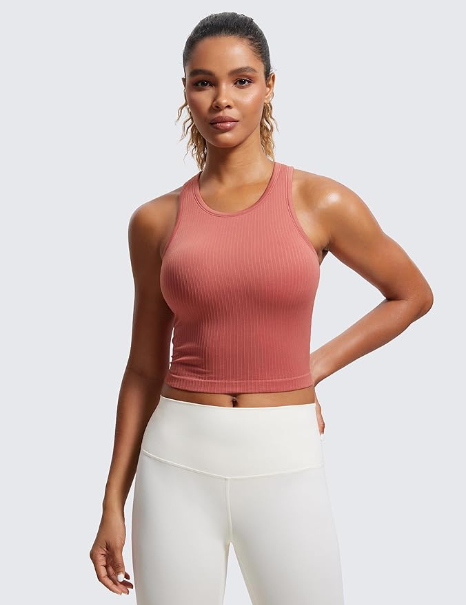 CRZ YOGA Seamless Ribbed High Neck Crop Tank Tops for Women - Longline Racerback Padded Sports Bras