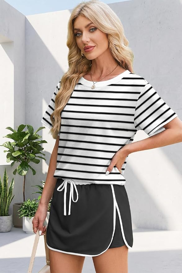 Opemiby Womens 2 Piece Skort Set 2026 Color Block Short Sleeve Top Drawstring Skort Matching Sets Casual Lounge Summer Outfit