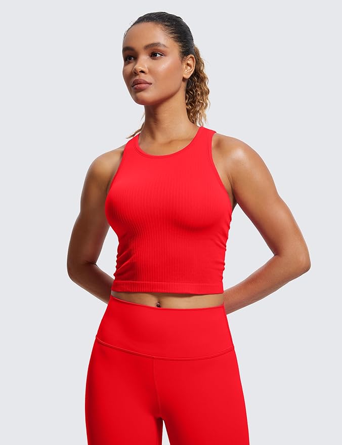 CRZ YOGA Seamless Ribbed High Neck Crop Tank Tops for Women - Longline Racerback Padded Sports Bras