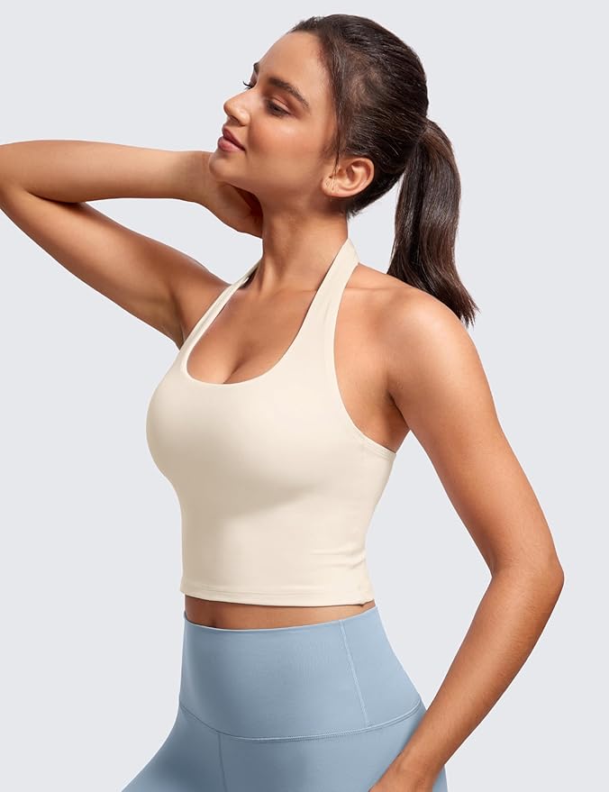 CRZ YOGA Butterluxe Halter Crop Tank Tops for Women - Open Back Padded Longline Sports Bras Workout Gym
