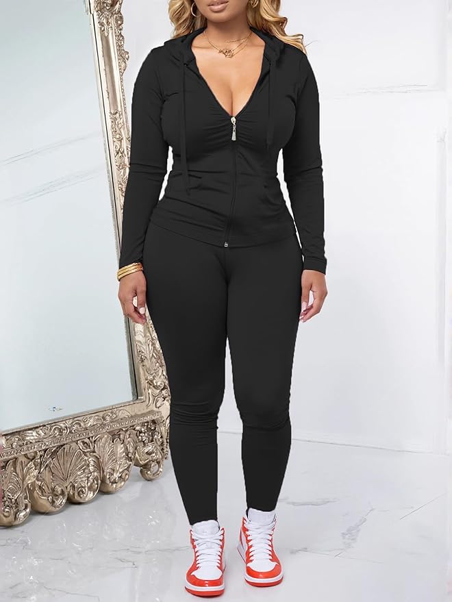 AUXDIO Women 2 Piece Outfits Casual Workout Sets Bodycon Tracksuit Zip Up Long Sleeve Hoodle Jacket Jogger Pants Set