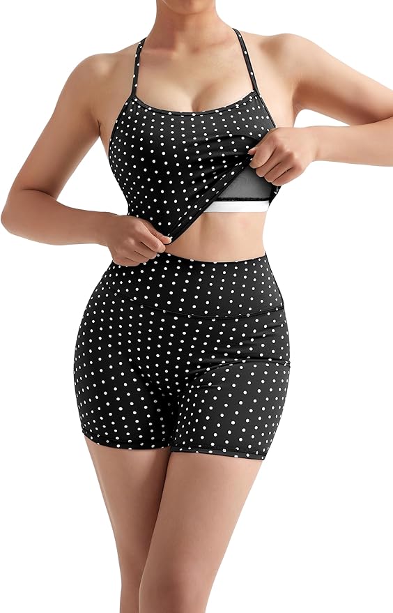 SUUKSESS Women 2 Piece Workout Sets High Waisted Tummy Control Biker Shorts Halter Padded Tank Tops