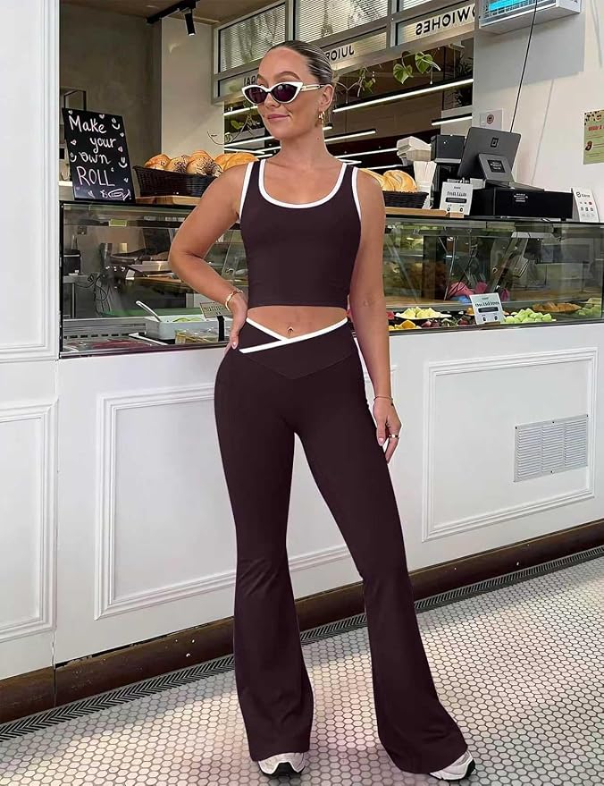 OLCHEE Womens Workout Sets 2 Piece Gym Yoga Outfits Crossover Flare Leggings Crop Tank Top with Contrast Trim