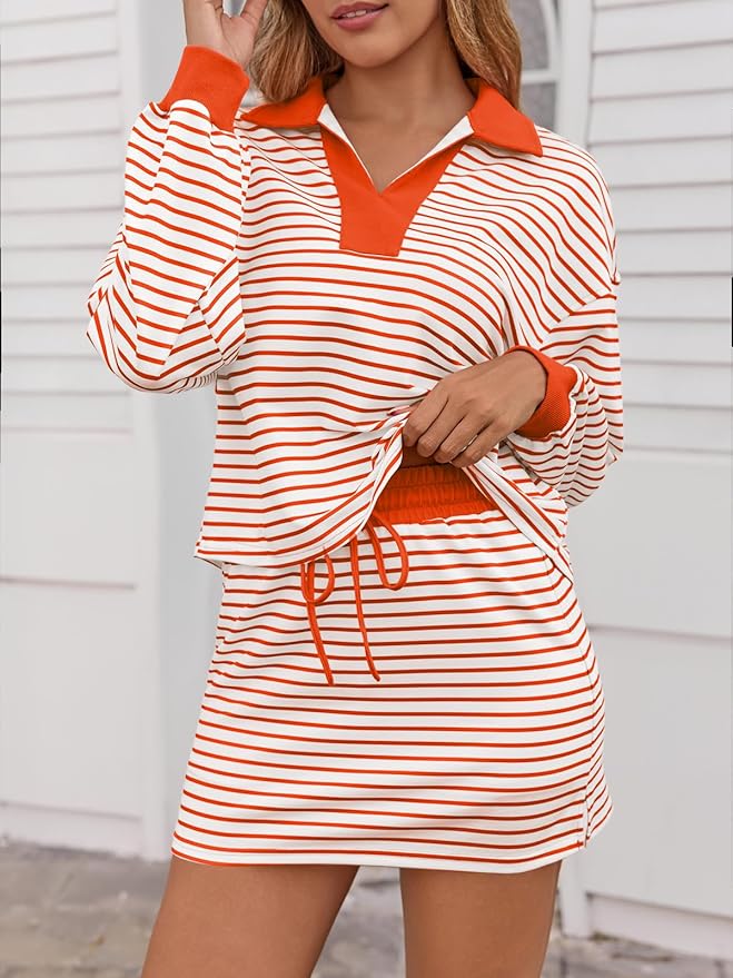 Fisoew Womens Striped 2 Piece Outfits Casual Sweatshirt Skirt Set Long Sleeve Skort Workout Set Matching Lounge Sets