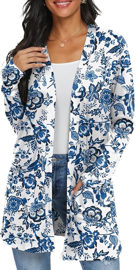 Womens Casual Lightweight with Pocketes Long Sleeve Open Front Cardigan