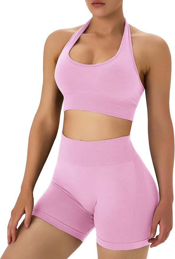 OLCHEE Workout Sets for Women 2 Piece Backless Halter Sports Bra High Waist Booty Shorts Yoga Gym Outfits Lounge Activewear
