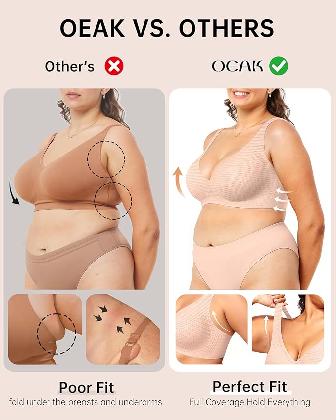 OEAK Womens Deep V Bras Wireless Comfortable Bra Supportive No Underwire Bras Tshirt Push Up Bralettes Plunge Seamless Bra
