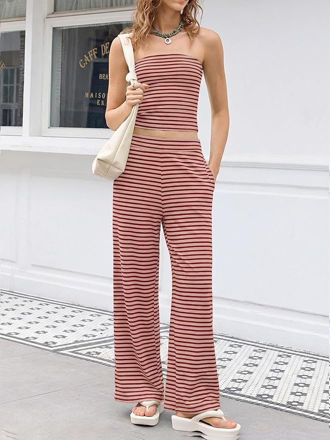 Tankaneo Womens Striped 2 Piece Sets Summer Strapless Crop Tube Tops Wide Leg Pants Matching Lounge Set Vacation Outfits