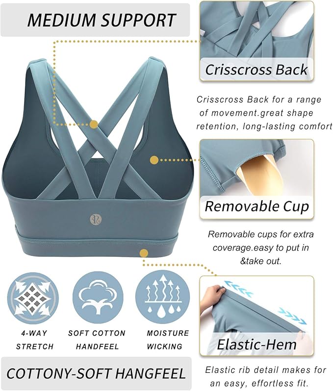 RUNNING GIRL Sports Bras for Women,Padded Strappy Sports Bras Criss-Cross Back Medium Support Sports Bras with Removable Cups