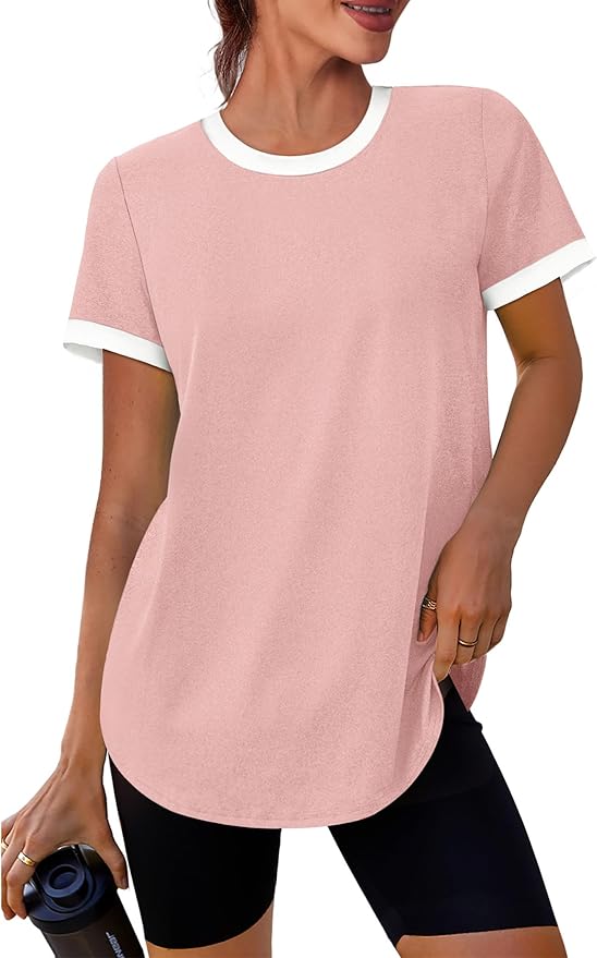 Womens Workout Tops Summer Short Sleeve Shirts Athletic Color Block Gym Clothes Outfits Sun Protection UPF 50+ T Shirts