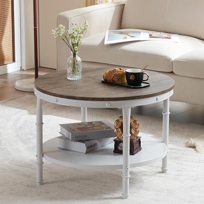 VINGLI 25.6" Dark Walnut White Round Farmhouse Coffee Table, 2-Tier Storage Wood Center Circle Accent Table for Living Room, Bedroom, Apartment, Studio and Small Spaces, Sturdy Metal Frame
