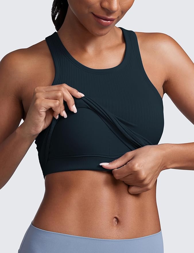 CRZ YOGA Seamless Ribbed High Neck Crop Tank Tops for Women - Longline Racerback Padded Sports Bras