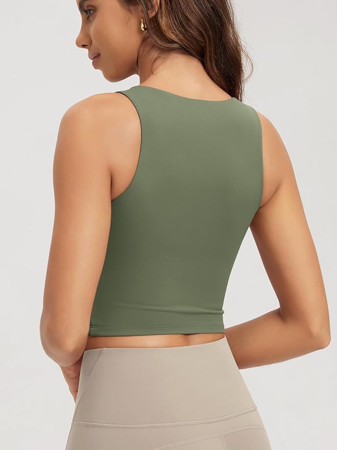ODODOS Double Layer High Neck Crop Tank for Women Cloud Feeling Sleeveless Casual Yoga Cropped Tops