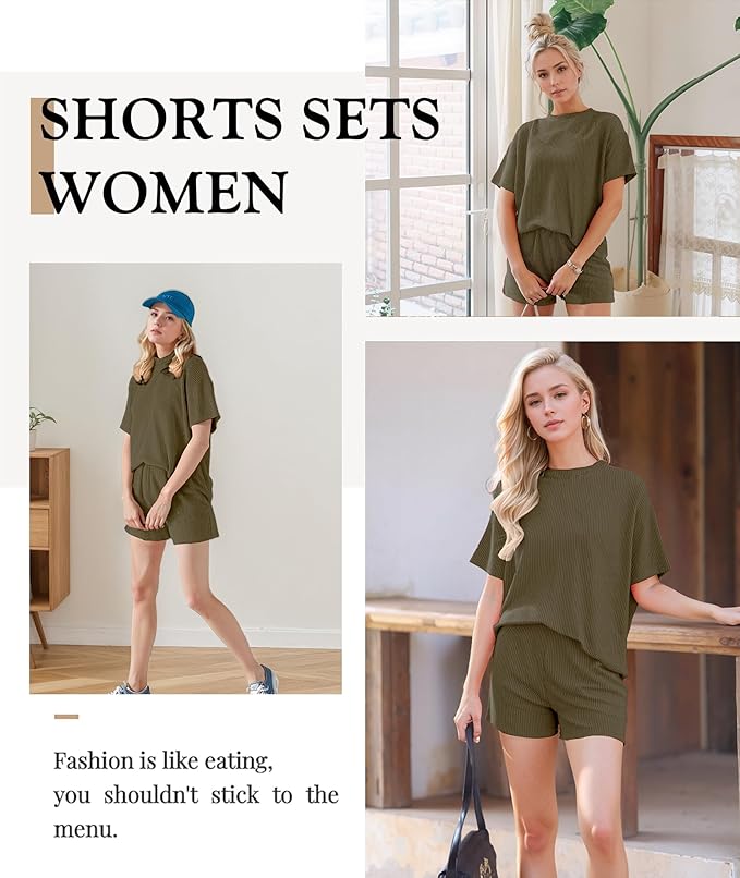 MARZXIN Women 2 Piece Shorts Set 2026 Casual Summer Cruise Outfits Ribbed Loose Short Sleeve Pocket Matching Lounge Sets