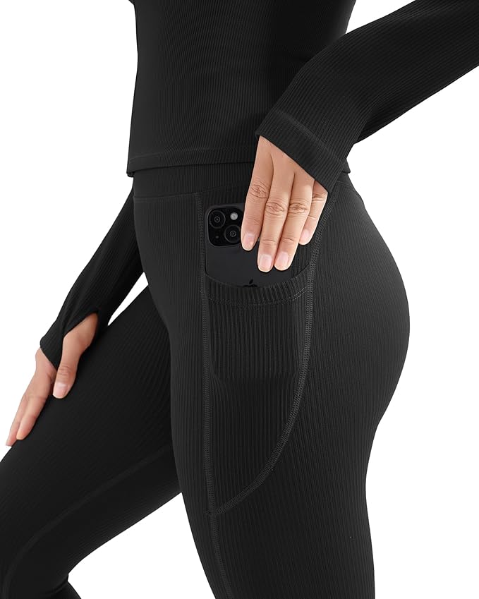 SUUKSESS Women 2 Piece Seamless Ribbed Workout Sets With Zip Up Jacket High Waisted Gym Yoga Leggings