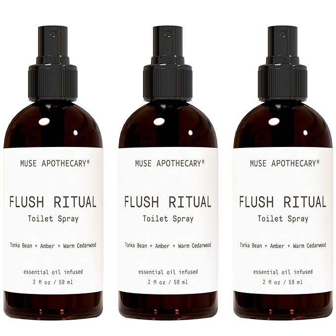 Muse Apothecary Flush Ritual - Aromatic & Refreshing Toilet Spray, Use Before You Go, 2 oz, Infused with Natural Essential Oils - Tonka Bean + Amber + Warm Cedarwood, 3 Pack