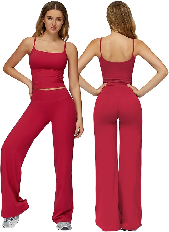 QBGJTD Womens Workout Sets Two Piece Spaghetti Straps Crop Top Matching Straight Leg Pants Gym Work Pilates Outfits