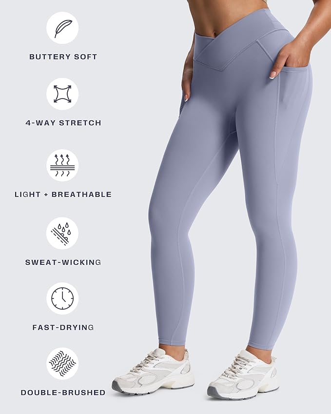 Aoxjox Women's Trinity High Waisted Yoga Pants with Pockets Cross-Waist Tummy Control Buttery Soft Workout Leggings 26"