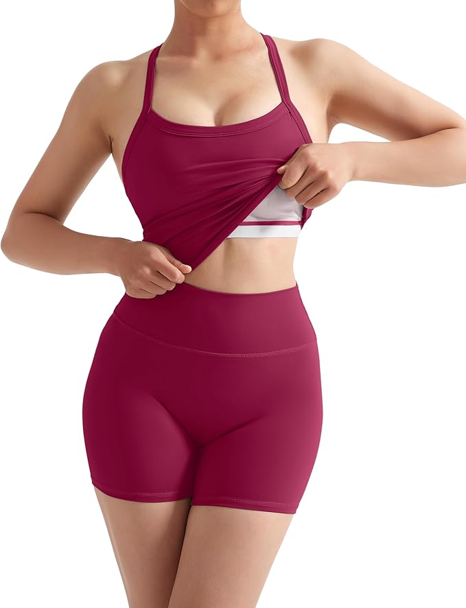 SUUKSESS Women 2 Piece Workout Sets High Waisted Tummy Control Biker Shorts Halter Padded Tank Tops