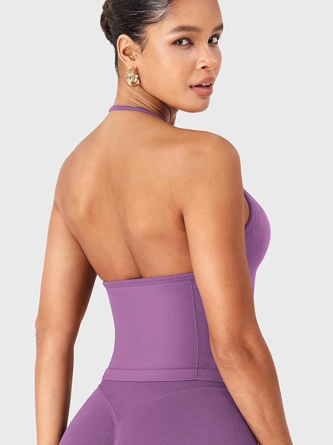 YEOREO SoftHue Impact Longline Strappy Top Women's Halter Workout Tank Tops Backless Gym Longline with Adjustable Strap