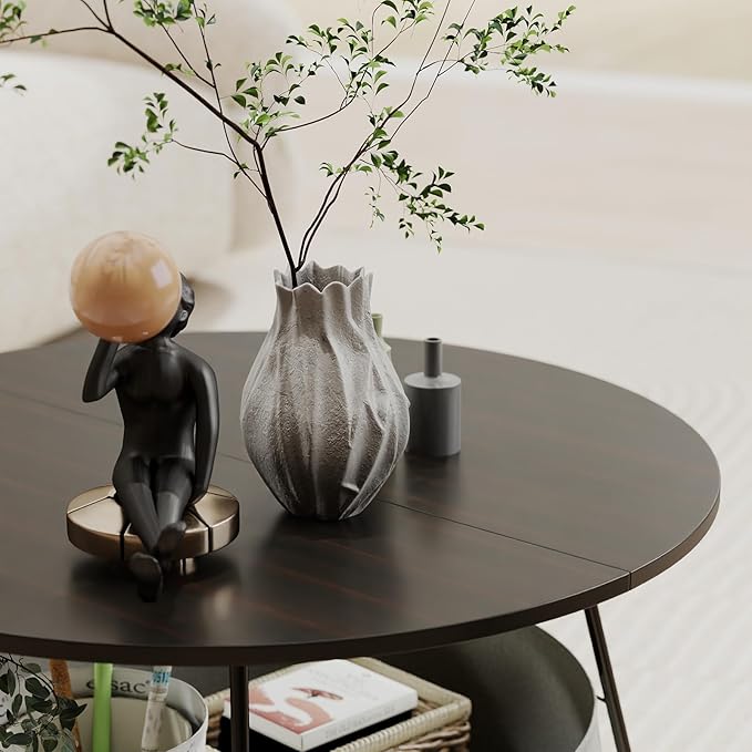 Manora Small Round Coffee Table for Living Room, Modern Center Table with Fabric Basket Storage, Cute Circle Table for Small Spaces, Metal Frame, Espresso
