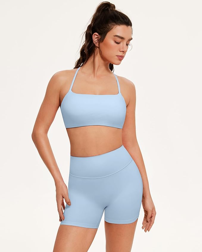 OMKAGI Workout Sets for Women Open Back Strappy Sports Bra Booty Biker Shorts Gym Outfits