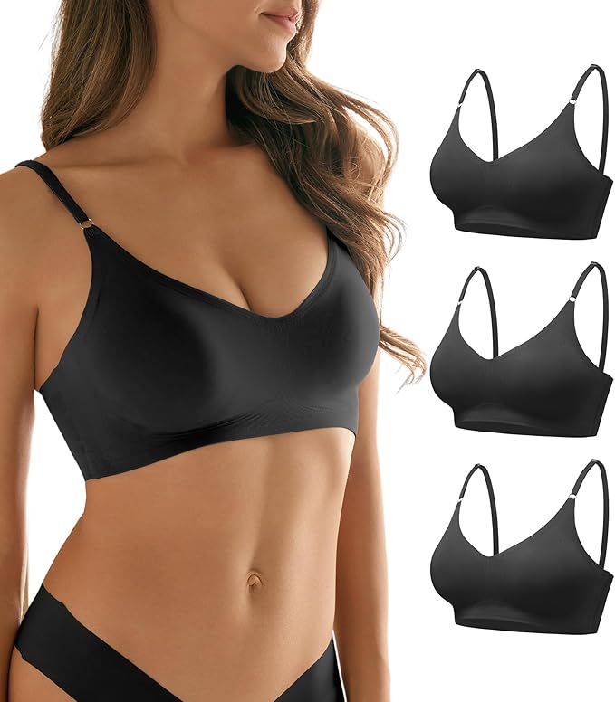 DEANGELMON V Neck Bra Padded Seamless Adjustable Straps Bralettes Everyday Basic Sleeping Bras Multiple Pack