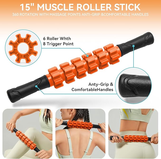 Krightlink 5 in 1 Foam Roller Set for Deep Tissue Muscle Massage, Trigger Point Fitness Exercise Foam Roller, Massage Roller, Massage Ball, Stretching Strap, for Whole Body (Orange Black)