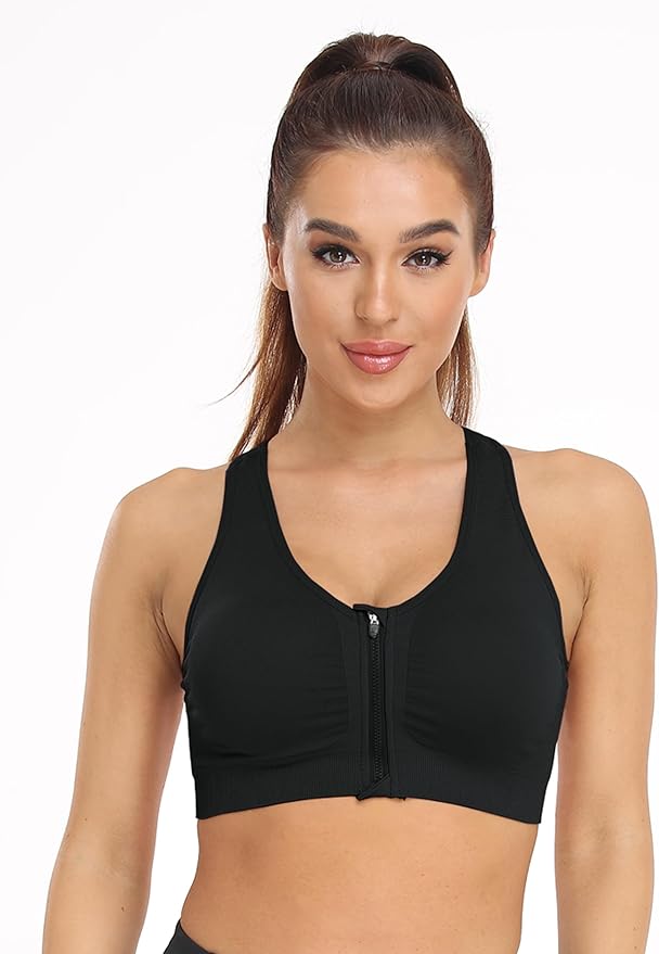 Women's Zip Front Sports Bra Wireless Post-Surgery Bra Active Yoga Sports Bras