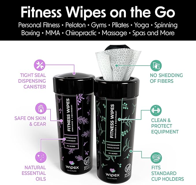 Wipex Fitness Equipment Wipes - Gym & Yoga Mat Cleaner, Peloton & Exercise Machine Wipes, All-Purpose Cleaning with Vinegar, Lemongrass & Eucalyptus, 75 Count (Pack of 12)
