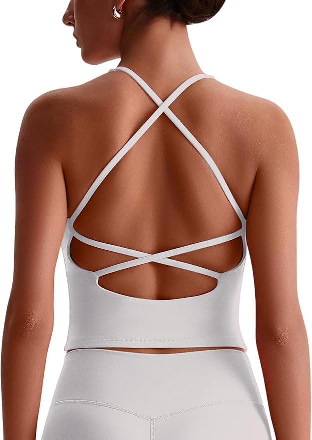 ABOCIW Womens Cross Back Workout Crop Tank with Built in Bra V Neck Longline Sports Bra Gym Shirt Yoga Pilates Top